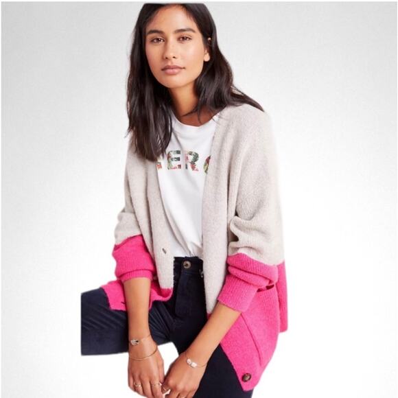 Anthropologie See U Soon Colorblock oversized Cardigan Pink & Oatmeal Size S - Picture 7 of 7